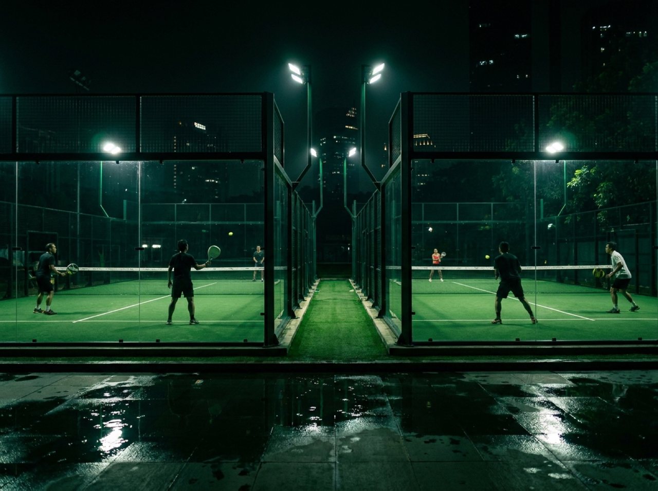 Dua court Kael Padel menyala di malam hari